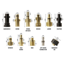 Load image into Gallery viewer, A product compatibility and adapter chart showing multiple hose connector types with dimensions and labels, including Karcher K, Gerni, Ryobi Air Blue, Bosch, LAVOR, Custom, Hitachi, Old Gerni, M22, I/4" Quick Connector, and Karcher HD, on a white background.
